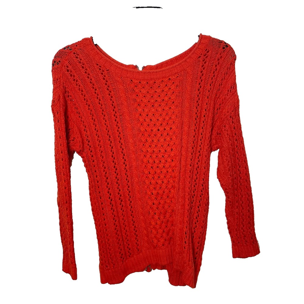 Anthropologie Moth Sweater Red Full Zip Cardigan Sweater S 3/4 Sleeve‎ Crochet